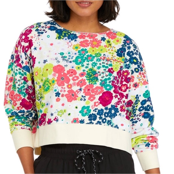 Champion Bright Floral Cropped Raw Edge Sweatshirt Size: L - Picture 1 of 7